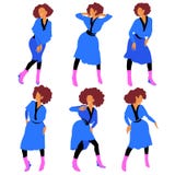 Disco dancing african american girl in blue dress and pink boots in different poses vector illustration Disco dancing african american girl in blue dress and pink boots in different poses vector illustration