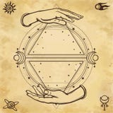 Disegno misterioso: le mani umane tengono un cerchio magico, la geometria sacra Simboli dello spazio royalty illustrazione gratis Disegno misterioso: le mani umane tengono un cerchio magico, la geometria sacra Simboli dello spazio royalty illustrazione gratis