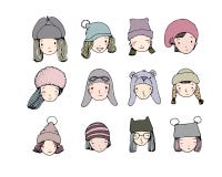 Diversas caras Gente en sombreros del invierno Objetos del dibujo de la mano en el fondo blanco libre illustration Diversas caras Gente en sombreros del invierno Objetos del dibujo de la mano en el fondo blanco libre illustration