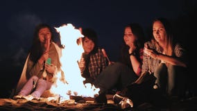 Diversas meninas sentam-se pelo fogo na noite e fritam-se salsichas Discuta e conduza a conversação Vieram em uma campanha vídeos de arquivo Diversas meninas sentam-se pelo fogo na noite e fritam-se salsichas Discuta e conduza a conversação Vieram em uma campanha vídeos de arquivo