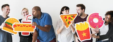 Diverse friends with food icons royalty free stock image Diverse friends with food icons royalty free stock image