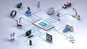 Diverse gezondheidszorgapparaten, Medische apparatuur die slimme mobiele telefoon aansluiten, MRI-scanner, ct, röntgenstraal Kuns stock illustratie Diverse gezondheidszorgapparaten, Medische apparatuur die slimme mobiele telefoon aansluiten, MRI-scanner, ct, röntgenstraal Kuns stock illustratie