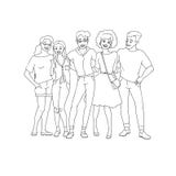 Diversity group of people hugs - hand drawn line young team stay together with happy smiles. stock illustration Diversity group of people hugs - hand drawn line young team stay together with happy smiles. stock illustration