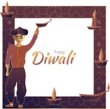 Diwali feliz! Quadro com um hindu que guarda uma lâmpada de óleo, velas e uma inscrição no centro ilustração stock Diwali feliz! Quadro com um hindu que guarda uma lâmpada de óleo, velas e uma inscrição no centro ilustração stock