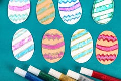 Diy Easter Eggs Made Of Cardboard And Potato Stamp, Easter Greeting Card On Green Background Stock Photo Diy Easter Eggs Made Of Cardboard And Potato Stamp, Easter Greeting Card On Green Background Stock Photo
