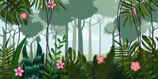 Djungelskog och blommor Träd sidor, blommor, parallax Mall för video- och rengöringsdukdesignen, apps, online spel stock illustrationer Djungelskog och blommor Träd sidor, blommor, parallax Mall för video- och rengöringsdukdesignen, apps, online spel stock illustrationer