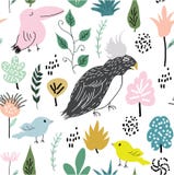 Djungeltextur med fåglar och djungelbeståndsdelar Sömlös modellvektorillustration stock illustrationer Djungeltextur med fåglar och djungelbeståndsdelar Sömlös modellvektorillustration stock illustrationer