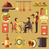 Dobiera się Wydawać czas blisko przy restauracją i kelnerem ilustracja wektor Dobiera się Wydawać czas blisko przy restauracją i kelnerem ilustracja wektor