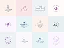 Doce muestras femeninas abstractas o Logo Templates Set del vector Ejemplo floral retro con tipografía con clase, pájaros Foto de archivo Doce muestras femeninas abstractas o Logo Templates Set del vector Ejemplo floral retro con tipografía con clase, pájaros Foto de archivo