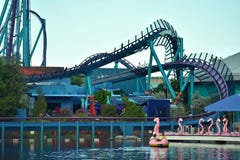 Dock de bateau de flamant de palette, avec le fond de Mako Rollercoaster au parc à thème de Seaworld photo libre de droits Dock de bateau de flamant de palette, avec le fond de Mako Rollercoaster au parc à thème de Seaworld photo libre de droits