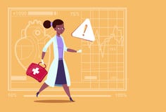 Docteur féminin African American Run de secours avec l'hôpital de travailleur de cliniques médicales de premiers secours de boîte illustration stock Docteur féminin African American Run de secours avec l'hôpital de travailleur de cliniques médicales de premiers secours de boîte illustration stock