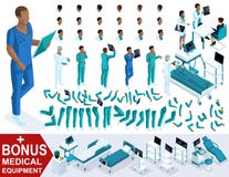 Docteur isométrique African American, créent votre infirmier 3d, ensembles de gestes des jambes et des mains, émotions et coiffur illustration de vecteur Docteur isométrique African American, créent votre infirmier 3d, ensembles de gestes des jambes et des mains, émotions et coiffur illustration de vecteur