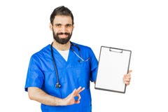 Doctor in blue robe with stethoscope pointing to clipboard isolated on white background stock images Doctor in blue robe with stethoscope pointing to clipboard isolated on white background stock images