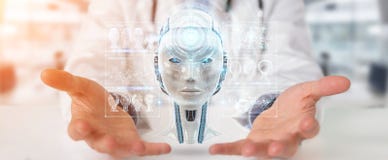 Doctor using digital artificial intelligence interface 3D render stock illustration Doctor using digital artificial intelligence interface 3D render stock illustration
