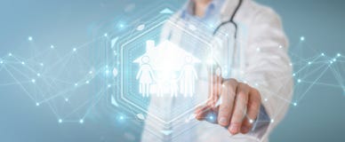 Doctor using digital family care interface 3D rendering stock illustration Doctor using digital family care interface 3D rendering stock illustration
