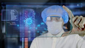 Doctor con la tableta futurista de la pantalla del hud Bacterias, virus, microbio stock de ilustración Doctor con la tableta futurista de la pantalla del hud Bacterias, virus, microbio stock de ilustración