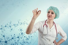 Doctor de sexo femenino hermoso contra un fondo médico abstracto con enrejado molecular imagen de archivo libre de regalías Doctor de sexo femenino hermoso contra un fondo médico abstracto con enrejado molecular imagen de archivo libre de regalías