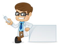 Doctor Holding Medical Injection and Leaning on White Sign royalty free illustration Doctor Holding Medical Injection and Leaning on White Sign royalty free illustration
