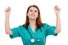 Doctor o enfermera de sexo femenino joven feliz con los brazos para arriba fotos de archivo libres de regalías Doctor o enfermera de sexo femenino joven feliz con los brazos para arriba fotos de archivo libres de regalías