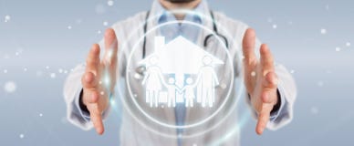 Doctor que usa la representación digital del interfaz 3D del cuidado de la familia stock de ilustración Doctor que usa la representación digital del interfaz 3D del cuidado de la familia stock de ilustración