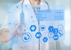 Doctor with stethoscope hand press the button health care icon. stock photos Doctor with stethoscope hand press the button health care icon. stock photos