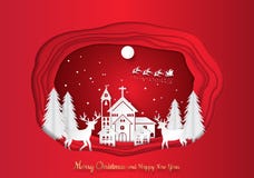 Document kunstgravure van de sneeuw van de de wintervakantie op stadsachtergrond met santa, herten en boom, vectorillustratie stock illustratie Document kunstgravure van de sneeuw van de de wintervakantie op stadsachtergrond met santa, herten en boom, vectorillustratie stock illustratie