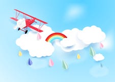 Document op hemel met wolk vliegen en het regenachtige vliegtuig die van de kunststijl vector illustratie Document op hemel met wolk vliegen en het regenachtige vliegtuig die van de kunststijl vector illustratie