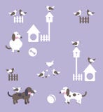 Dogs, birds with balls, fences and kennels vector illustration Dogs, birds with balls, fences and kennels vector illustration