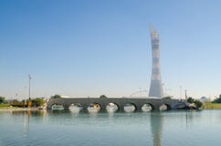 DOHA, QATAR - JULY 26: The Aspire Tower in Doha Sports City Complex. July 26, 2015 in Doha, Qatar, Middle East royalty free stock photos DOHA, QATAR - JULY 26: The Aspire Tower in Doha Sports City Complex. July 26, 2015 in Doha, Qatar, Middle East royalty free stock photos