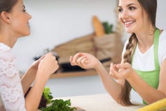 Dois amigos das mulheres que cozinham na cozinha ao ter uma conversa do prazer Amizade e conceito de Cook do cozinheiro chefe fotografia de stock royalty free Dois amigos das mulheres que cozinham na cozinha ao ter uma conversa do prazer Amizade e conceito de Cook do cozinheiro chefe fotografia de stock royalty free