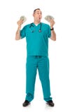 Doktor: Rich Doctor Waving Cash Money herum lizenzfreie stockfotos Doktor: Rich Doctor Waving Cash Money herum lizenzfreie stockfotos