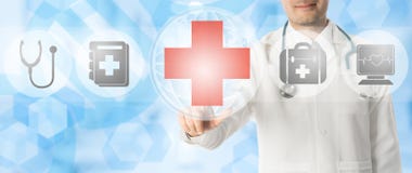 Doktorspunkter på läkarundersökningen korsar med medicinska symboler stock illustrationer Doktorspunkter på läkarundersökningen korsar med medicinska symboler stock illustrationer