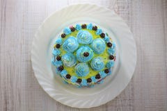 Dolce blu saporito decorato con le palle montate del cioccolato e della crema su un piatto bianco fotografia stock Dolce blu saporito decorato con le palle montate del cioccolato e della crema su un piatto bianco fotografia stock
