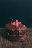 Dolce di cioccolato con il lampone su un fondo di legno fotografia stock libera da diritti Dolce di cioccolato con il lampone su un fondo di legno fotografia stock libera da diritti