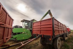 Dolewanie banatki adra w ciągnikową przyczepę po żniwa Obraz Stock Dolewanie banatki adra w ciągnikową przyczepę po żniwa Obraz Stock