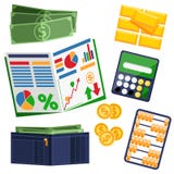 Dollar bills, calculator, leather wallet and gold Royalty Free Stock Image Dollar bills, calculator, leather wallet and gold Royalty Free Stock Image