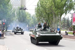 Donetsk, Donetsk People Republic, Ukraine – May 9, 2019: Soviet assault vehicle, armored tanks T-72 and different military stock images Donetsk, Donetsk People Republic, Ukraine – May 9, 2019: Soviet assault vehicle, armored tanks T-72 and different military stock images
