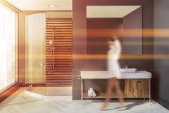 Donna in bagno scandinavo grigio, lavandino, doccia illustrazione vettoriale Donna in bagno scandinavo grigio, lavandino, doccia illustrazione vettoriale