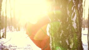 Donna che gode del giorno di inverno all'aperto La ragazza felice che si nasconde dietro il grande albero nell'inverno parcheggia video d archivio Donna che gode del giorno di inverno all'aperto La ragazza felice che si nasconde dietro il grande albero nell'inverno parcheggia video d archivio