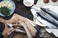 Donna che prepara il pesce dello sgombro Fotografia Stock Donna che prepara il pesce dello sgombro Fotografia Stock