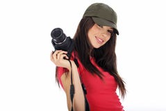 Donna che tiene una macchina fotografica della foto immagine stock libera da diritti Donna che tiene una macchina fotografica della foto immagine stock libera da diritti