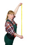 Donna con la misura di nastro isolata su fondo bianco fotografia stock libera da diritti Donna con la misura di nastro isolata su fondo bianco fotografia stock libera da diritti