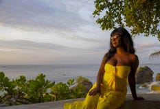 Donna di colore afroamericana attraente ed affascinante nella posa elegante ed elegante del vestito da estate rilassata Fotografia Stock Donna di colore afroamericana attraente ed affascinante nella posa elegante ed elegante del vestito da estate rilassata Fotografia Stock