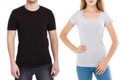 Donna ed uomo in maglietta in bianco del modello isolata su fondo bianco Tipo e ragazza in maglietta con lo spazio e la derisione immagini stock Donna ed uomo in maglietta in bianco del modello isolata su fondo bianco Tipo e ragazza in maglietta con lo spazio e la derisione immagini stock