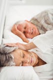 Donna senior che copre le sue orecchie mentre uomo che russa fotografie stock libere da diritti Donna senior che copre le sue orecchie mentre uomo che russa fotografie stock libere da diritti