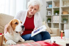 Donna senior che mostra foto al cane fotografia stock libera da diritti Donna senior che mostra foto al cane fotografia stock libera da diritti