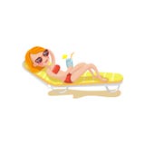 Donna sorridente felice che si rilassa sulle chaise longue e su un'illustrazione bevente di vettore del fumetto del cocktail illustrazione vettoriale Donna sorridente felice che si rilassa sulle chaise longue e su un'illustrazione bevente di vettore del fumetto del cocktail illustrazione vettoriale