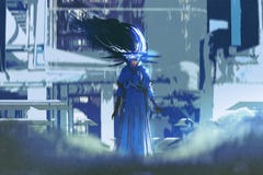 Donna in un vestito blu che sta nella città futuristica illustrazione di stock Donna in un vestito blu che sta nella città futuristica illustrazione di stock
