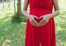 Donne incinte che stanno e che fanno forma del cuore sulla sua pancia fotografia stock libera da diritti Donne incinte che stanno e che fanno forma del cuore sulla sua pancia fotografia stock libera da diritti