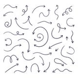 Doodle arrows. Hand drawn line pointers, pencil sketch elements, round curly wavy direction arrows. Vector linear arrow